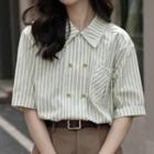 Elbow-sleeve Double-breasted Striped Shirt Stripe - Green - One Size