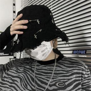 Couple Matching Safety Pin Frayed Bucket Hat Black - One Size