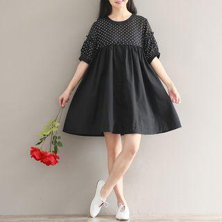 Dotted Elbow-sleeve A-line Dress