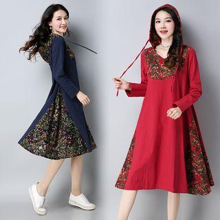 Floral Print Long-sleeve A-line Dress With Hood