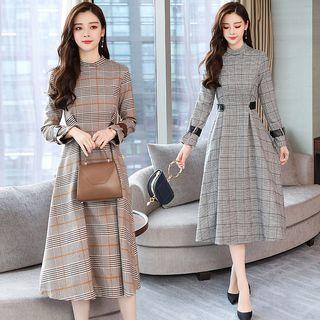 Long-sleeve Mock Neck Plaid Midi A-line Dress