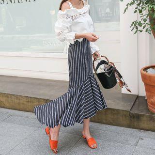 Diagonal-hem Stripe Maxi Mermaid Skirt