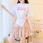 Set: Short-sleeve Lettering T-shirt + Floral A-line Skirt