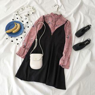 Printed Blouse / V-neck Spaghetti Strap A-line Dress