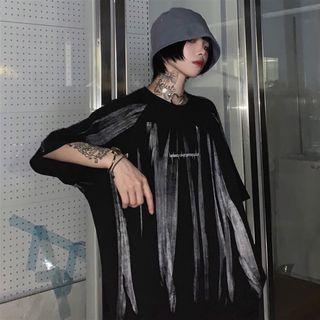 Short-sleeve Brush Stroke Long T-shirt Black - One Size