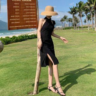 Halter-neck Open-back Slit Sundress