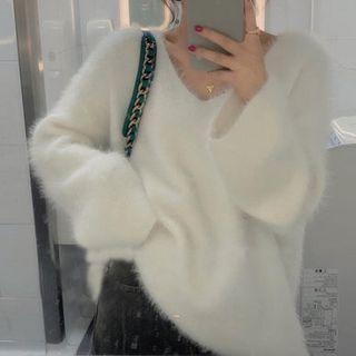 Long-sleeve V-neck Plain Mock Mink Sweater