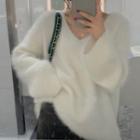 Long-sleeve V-neck Plain Mock Mink Sweater