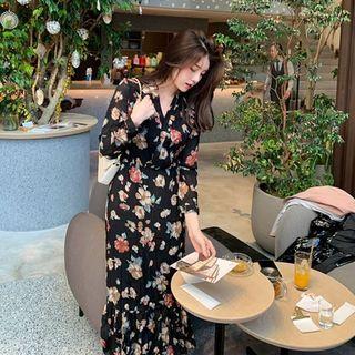 Long-sleeve V-neck Floral Print Midi Dress