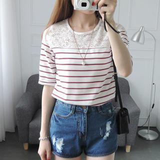 Lace-panel Striped T-shirt