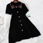 Contrast Trim Short-sleeve Button Knit A-line Dress Black - One Size