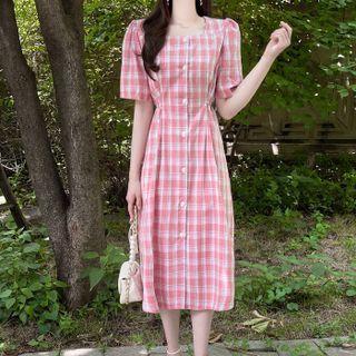 Square-neck Pintuck Long Plaid Dress