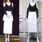 Cutout-shoulder Knit Top/slit-side Skirt
