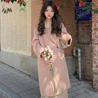 Plain Woolen Long Coat Pink - One Size