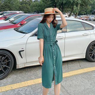 Tie-waist Short-sleeve Midi Shirtdress