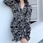 Long-sleeve Leopard Print Mini Dress Gray & Black - One Size