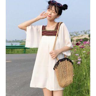 Elbow-sleeve Patterned Mini Chiffon Dress
