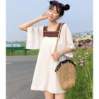 Elbow-sleeve Patterned Mini Chiffon Dress