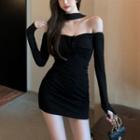 Off-shoulder Plain Mini Bodycon Dress Black - One Size