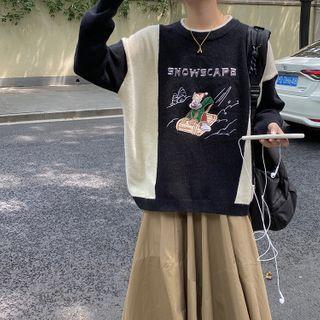 Long-sleeve Color-block Sweatshirt As Shown In Figure - One Size