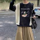 Long-sleeve Color-block Sweatshirt As Shown In Figure - One Size