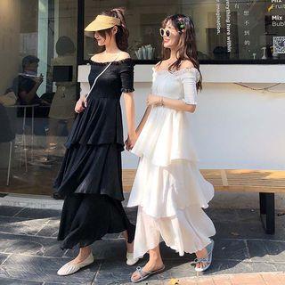Off Shoulder Short-sleeve Tiered Midi Dress