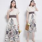 Short-sleeve V-neck Print Midi A-line Dress
