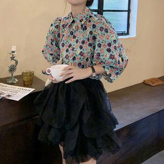 3/4-sleeve Floral Blouse / Mini A-line Skirt