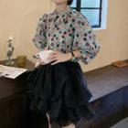 3/4-sleeve Floral Blouse / Mini A-line Skirt