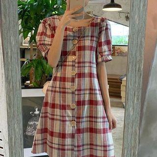 Plaid Square-neck Puff-sleeve Shift Dress