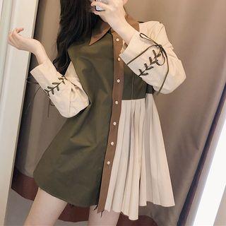 Long-sleeve Paneled Pleated Shirt Dress