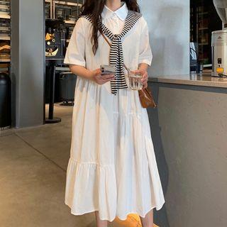 Mock Two-piece Short-sleeve Midi Collared Dress White - One Size