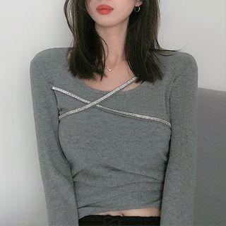 Long-sleeve Rhinestone Trim Crop Top