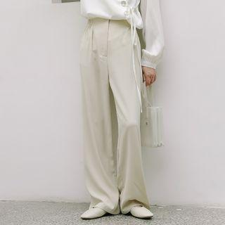 Plain Band-waist Straight-cut Pants Almond - One Size