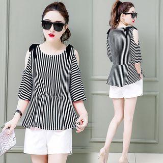 Cut Out Shoulder Striped Elbow Sleeve Blouse
