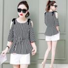 Cut Out Shoulder Striped Elbow Sleeve Blouse