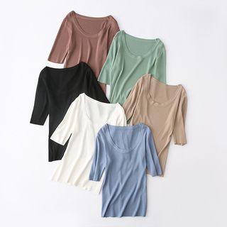 U-neck Elbow-sleeve Knit Top