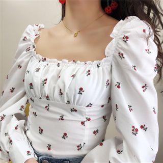Print Square-neck Long-sleeve Blouse