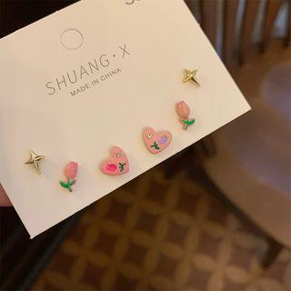 3 Pair Set: Heart / Flower / Star Alloy Earring Set Of 3 Pairs - Silver Stud - Pink - One Size
