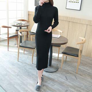 Turtleneck Back Slit Long-sleeve Midi Knit Dress