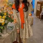 Long-sleeve Floral Print A-line Dress / Knit Shawl