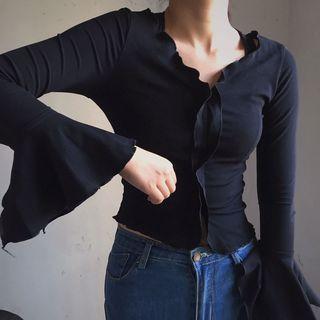 Plain V-neck Long Bell Sleeve Top