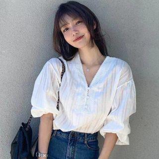 3/4-sleeve Lace Trim Button-up Blouse White - One Size