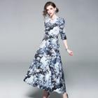 Flower Print Elbow-sleeve A-line Midi Dress