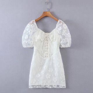 Puff Sleeve Lace-up Floral Embroidered Mini Dress