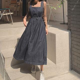 Belted Denim Long Pinafore Dress Blue - One Size