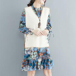 Set: Long-sleeve Floral Print Dress + Knit Vest