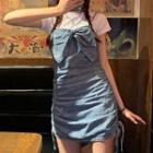 Short-sleeve Plain T-shirt / Bow Accent Denim Mini Overall Dress