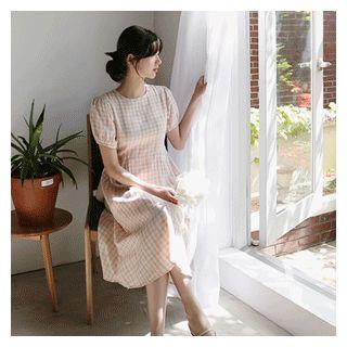 Puff-sleeve Plaid Dress Pink - One Size