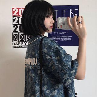 Short-sleeve Paisley Print Denim Blouse